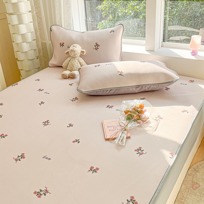 91家纺网 家纺一手货源 找家纺 星座家纺 2025新款斜纹提花凉感丝凉席床笠款三件套 床笠-尤克克里粉