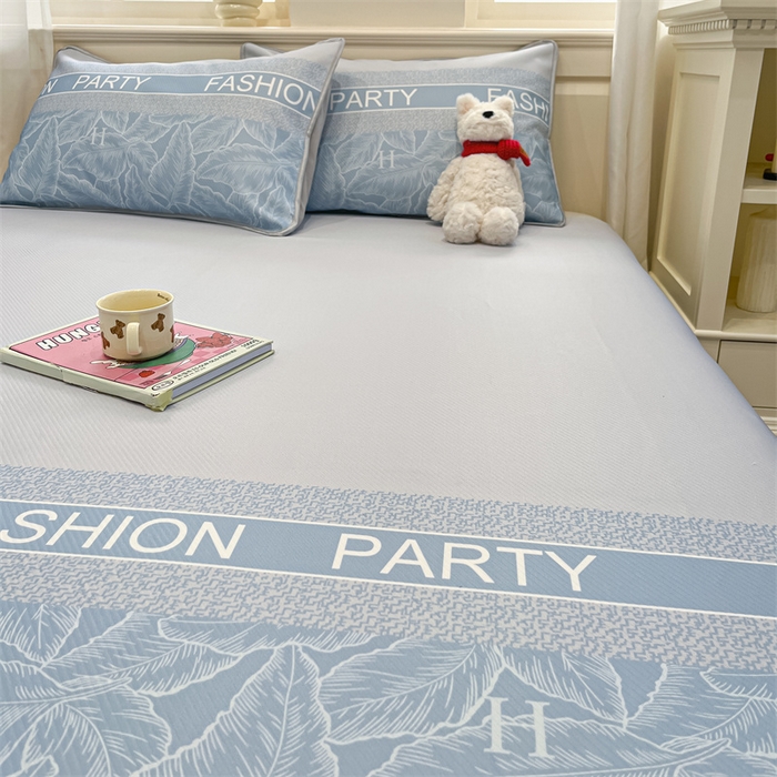 91家纺网 家纺一手货源 找家纺 星座家纺 2025新款斜纹提花凉感丝凉席床单款三件套 叶之语-蓝