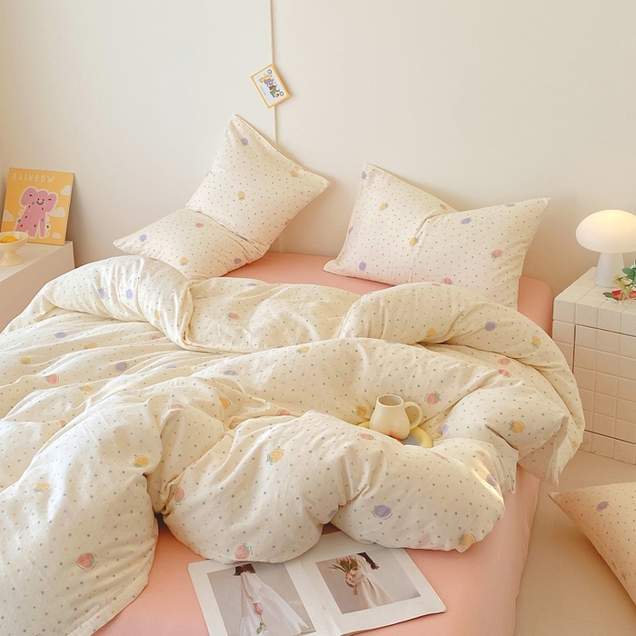 91家纺网 家纺一手货源 找家纺 于果 2025新款全棉双层纱四件套第四批 草莓点点