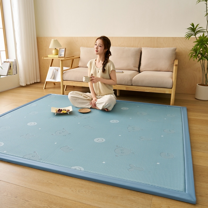 91家纺网 家纺一手货源 找家纺 锦丝钰床垫 2025新款真凉感冰豆豆天鹅系列地垫 冰豆豆-笑脸蓝