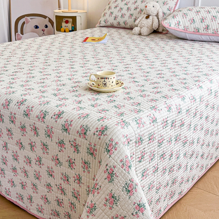 91家纺网 家纺一手货源 找家纺 梵朴 2025新款跑量款纯棉印花床盖三件套 粉玫瑰