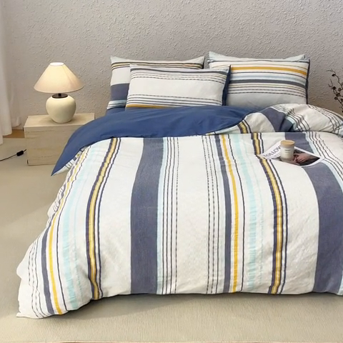 91家纺网 家纺一手货源 找家纺 简宜家居（朝初家纺） 2025新款华夫纯棉格色织提花四件套 初色-蓝