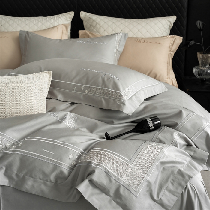 91家纺网 家纺一手货源 找家纺 保罗圣迪奥 2025新款全棉长绒棉刺绣四件套-星光 星光-灰