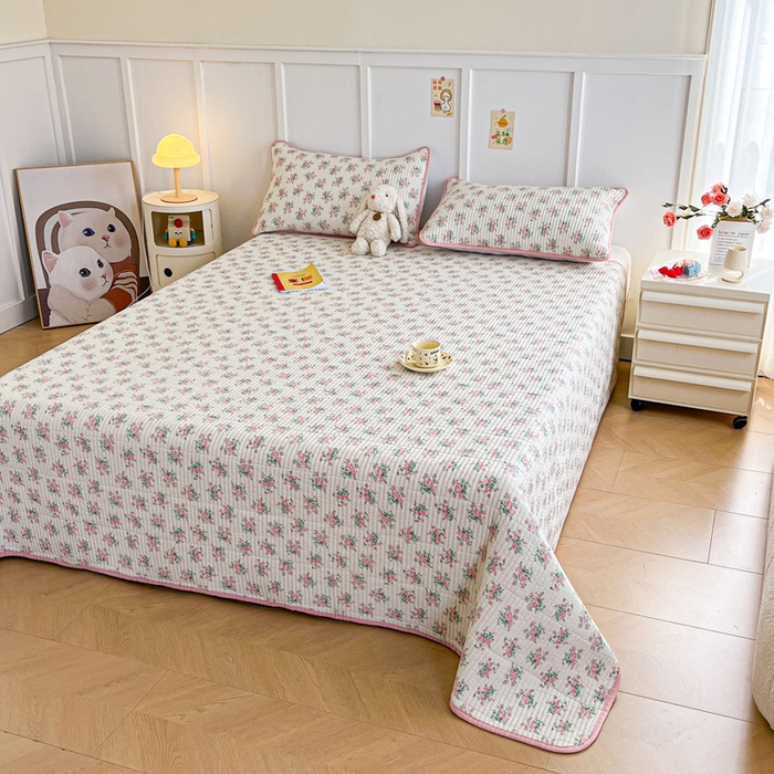 91家纺网 家纺一手货源 找家纺 梵朴 2025新款跑量款纯棉印花床盖三件套 粉玫瑰