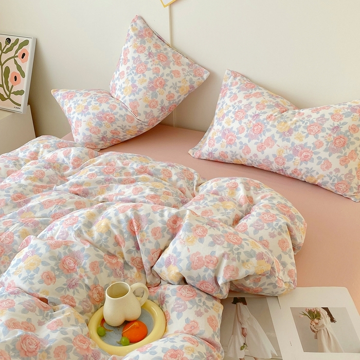 91家纺网 家纺一手货源 找家纺 于果 2025新款全棉双层纱四件套第四批 春色