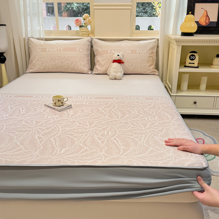 91家纺网 家纺一手货源 找家纺 星座家纺 2025新款斜纹提花凉感丝凉席床笠款三件套 床笠-叶之语-奶咖