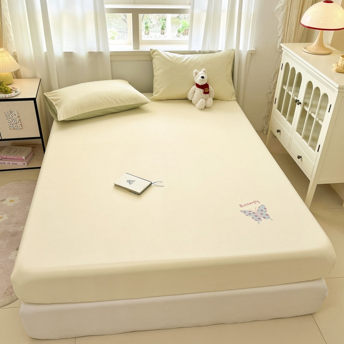 91家纺网 家纺一手货源 找家纺 泽西2025新品全棉卡通床笠 快乐蝶-奶油黄