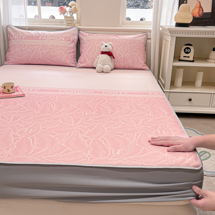 91家纺网 家纺一手货源 找家纺 星座家纺 2025新款斜纹提花凉感丝凉席床笠款三件套 床笠-叶之语-粉