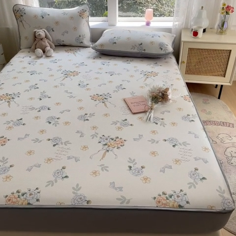 91家纺网 家纺一手货源 找家纺 星座家纺 2025新款斜纹提花凉感丝凉席床笠款三件套 床笠-拈花湾蓝