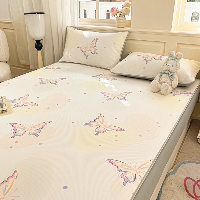 91家纺网 家纺一手货源 找家纺 星座家纺 2025新款斜纹提花凉感丝凉席床笠款三件套 床笠-彩蝶