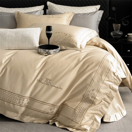 91家纺网 家纺一手货源 找家纺 保罗圣迪奥 2025新款全棉长绒棉刺绣四件套-星光 星光-金