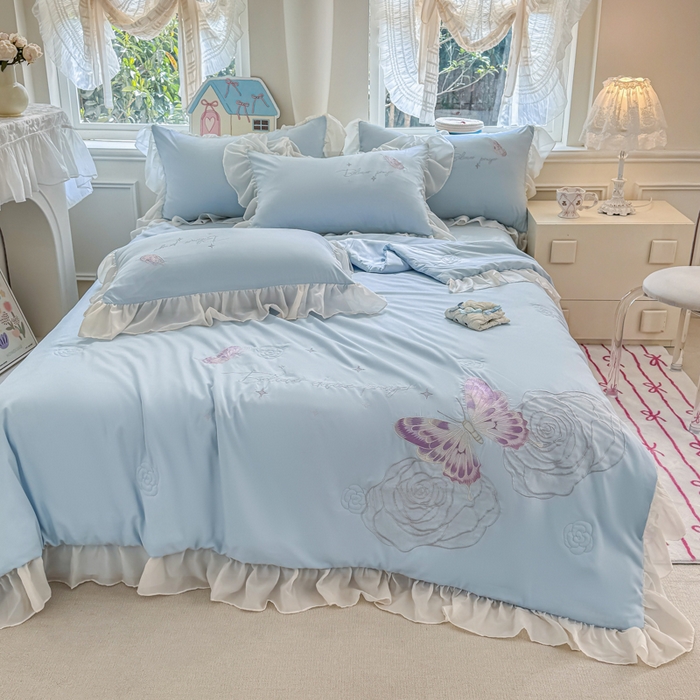 91家纺网 家纺一手货源 找家纺 凯美家居 2025新款超柔亲肤棉夏被回件套 夏被蝶恋花 浅蓝