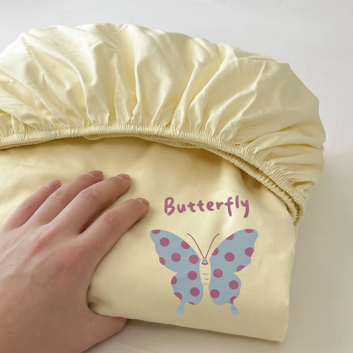 91家纺网 家纺一手货源 找家纺 泽西2025新品全棉卡通床笠 快乐蝶-奶油黄