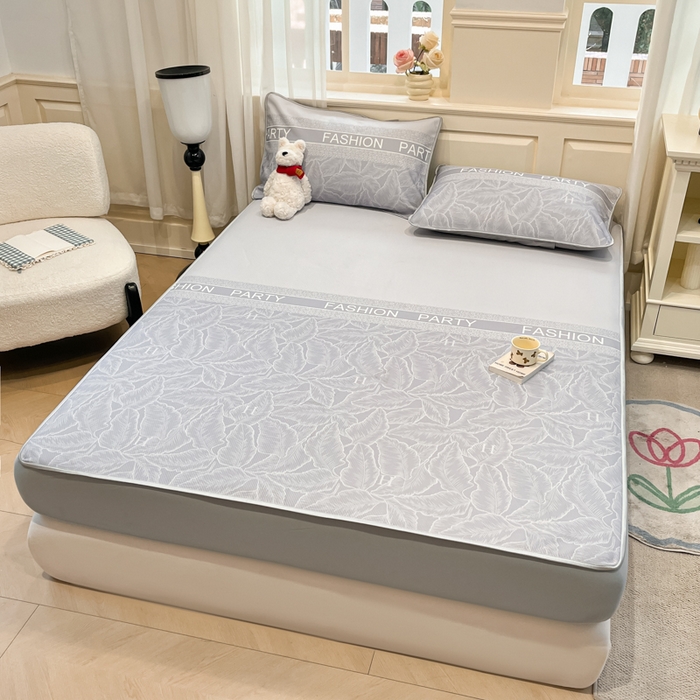 91家纺网 家纺一手货源 找家纺 星座家纺 2025新款斜纹提花凉感丝凉席床笠款三件套 床笠-叶之语-灰