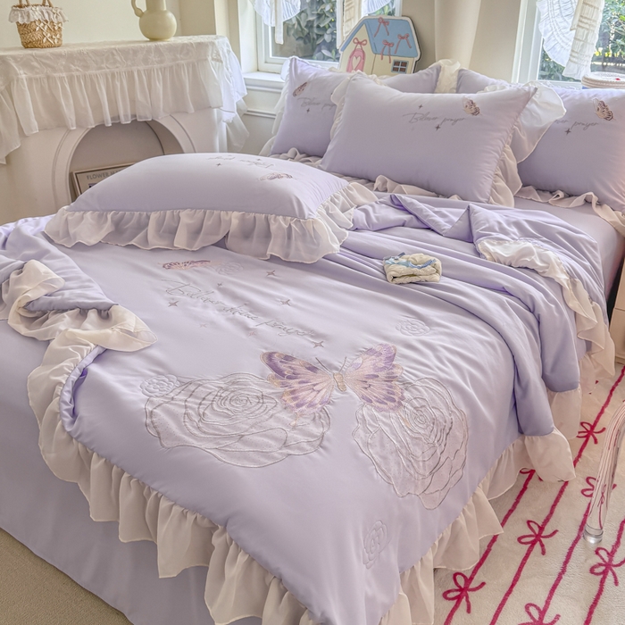 91家纺网 家纺一手货源 找家纺 凯美家居 2025新款超柔亲肤棉夏被回件套 夏被蝶恋花 浅紫