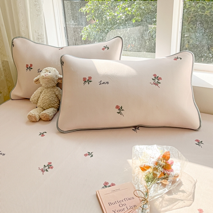 91家纺网 家纺一手货源 找家纺 星座家纺 2025新款斜纹提花凉感丝凉席床笠款三件套 床笠-尤克克里粉