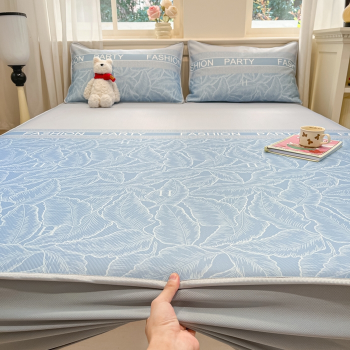 91家纺网 家纺一手货源 找家纺 星座家纺 2025新款斜纹提花凉感丝凉席床笠款三件套 床笠-叶之语-蓝