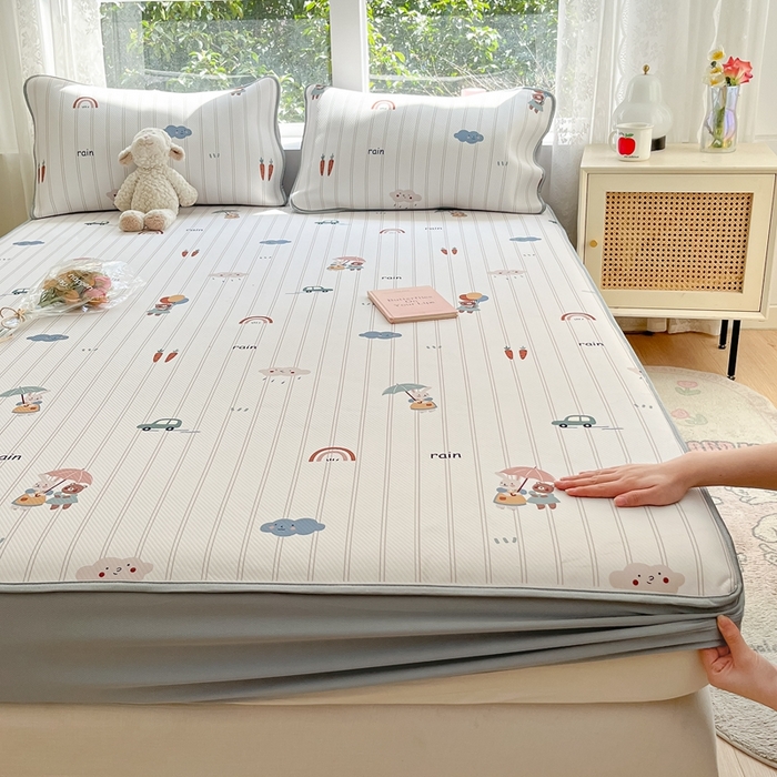 91家纺网 家纺一手货源 找家纺 星座家纺 2025新款斜纹提花凉感丝凉席床笠款三件套 床笠-悠悠小元