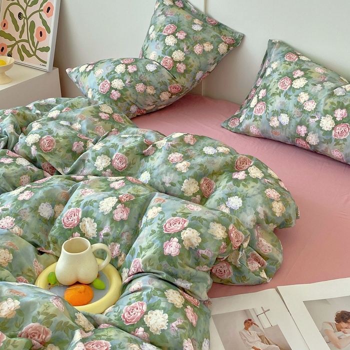 91家纺网 家纺一手货源 找家纺 于果 2025新款全棉双层纱四件套第四批 仙境绿