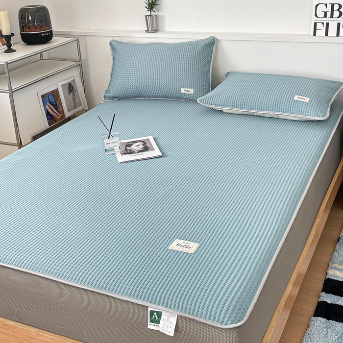 91家纺网 家纺一手货源 找家纺 吉象2025新款A类床笠款软凉席 饼干格湖蓝