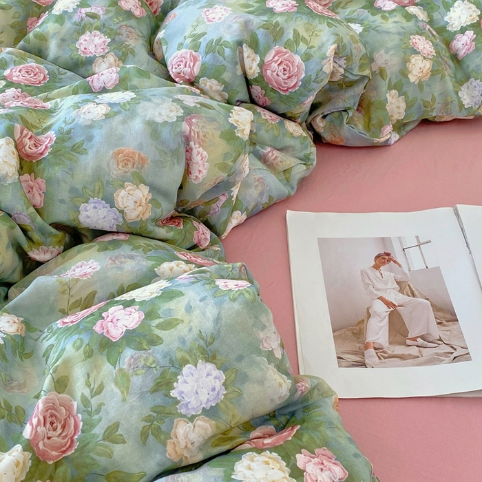 91家纺网 家纺一手货源 找家纺 于果 2025新款全棉双层纱四件套第四批 仙境绿