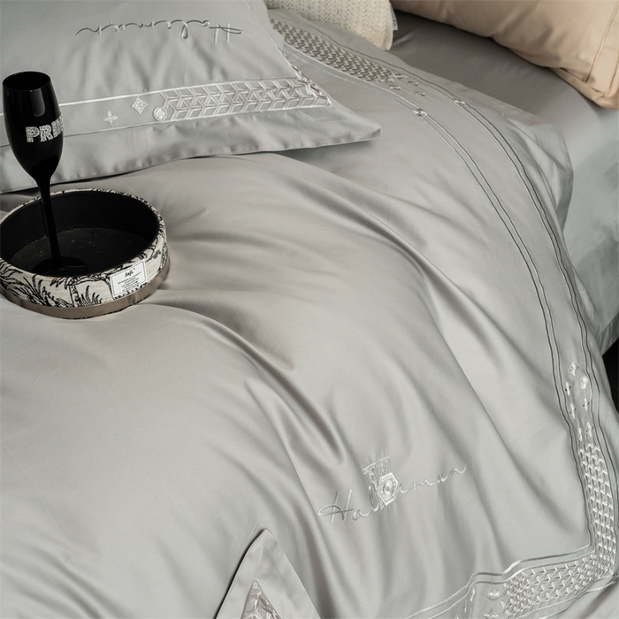 91家纺网 家纺一手货源 找家纺 保罗圣迪奥 2025新款全棉长绒棉刺绣四件套-星光 星光-灰