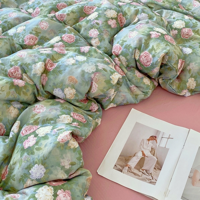 91家纺网 家纺一手货源 找家纺 于果 2025新款全棉双层纱四件套第四批 仙境绿