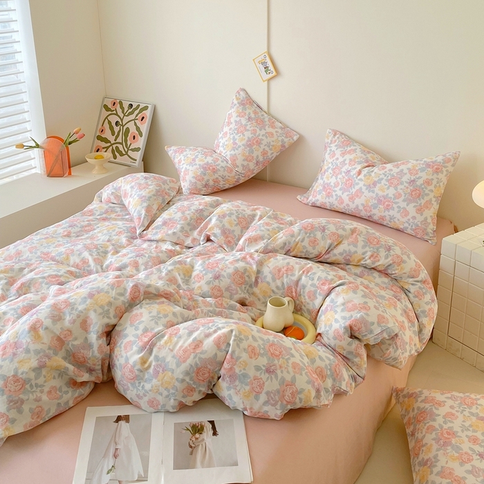 91家纺网 家纺一手货源 找家纺 于果 2025新款全棉双层纱四件套第四批 春色