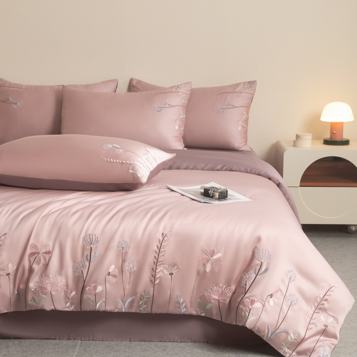 91家纺网 家纺一手货源 找家纺 618家纺 2025新款60S100支进口兰精天丝四件套-初夏 天丝初夏粉豆沙