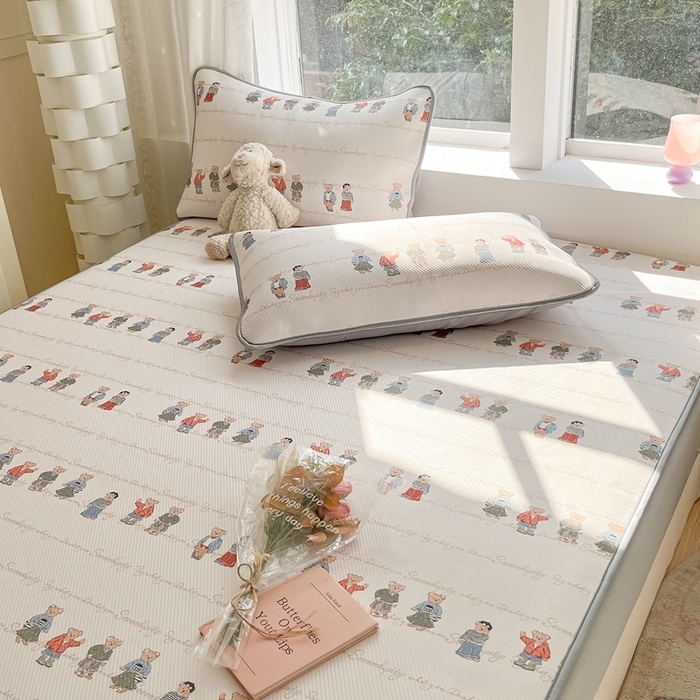 91家纺网 家纺一手货源 找家纺 星座家纺 2025新款斜纹提花凉感丝凉席床笠款三件套 床笠-萌熊印象