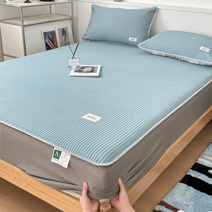 91家纺网 家纺一手货源 找家纺 吉象2025新款A类床笠款软凉席 饼干格湖蓝