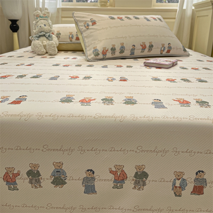 91家纺网 家纺一手货源 找家纺 星座家纺 2025新款斜纹提花凉感丝凉席床单款三件套 萌熊印象