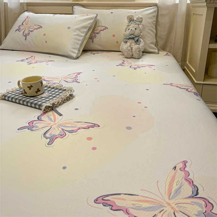 91家纺网 家纺一手货源 找家纺 星座家纺 2025新款斜纹提花凉感丝凉席床单款三件套 彩蝶