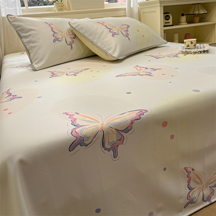 91家纺网 家纺一手货源 找家纺 星座家纺 2025新款斜纹提花凉感丝凉席床单款三件套 彩蝶