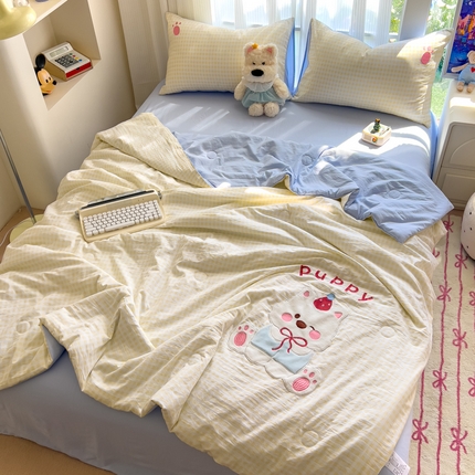 N先生+V 13814689556 发大图/买家秀 2025新款超柔水洗棉贴布绣夏被夏凉被空调被-微笑狗狗系列 微笑狗狗夏被-黄格