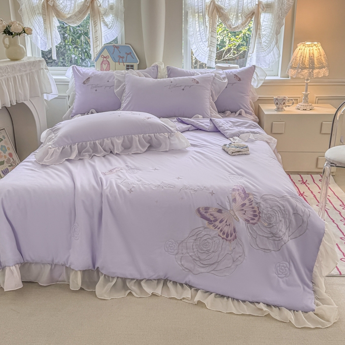 91家纺网 家纺一手货源 找家纺 凯美家居 2025新款超柔亲肤棉夏被回件套 夏被蝶恋花 浅紫