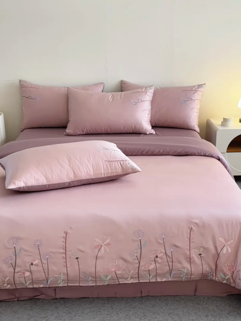 91家纺网 家纺一手货源 找家纺 618家纺 2025新款60S100支进口兰精天丝四件套-初夏 天丝初夏粉豆沙