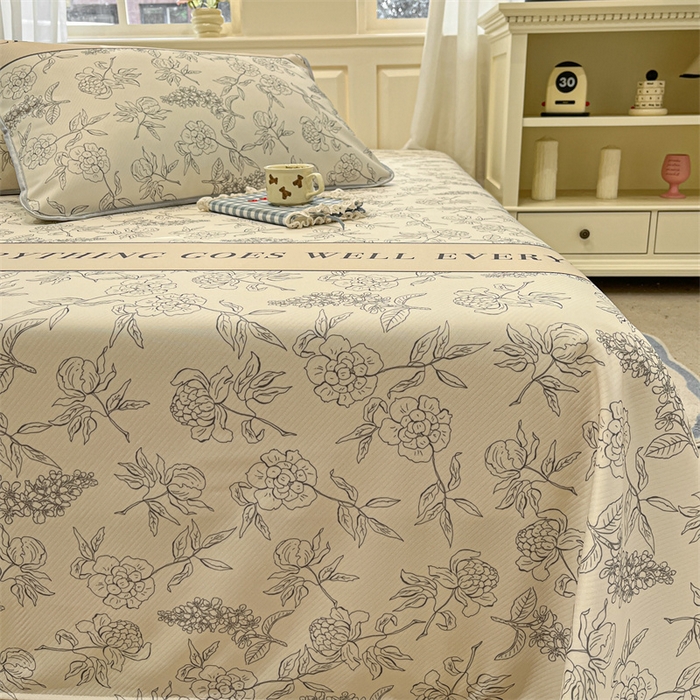 91家纺网 家纺一手货源 找家纺 星座家纺 2025新款斜纹提花凉感丝凉席床单款三件套 午后茶花