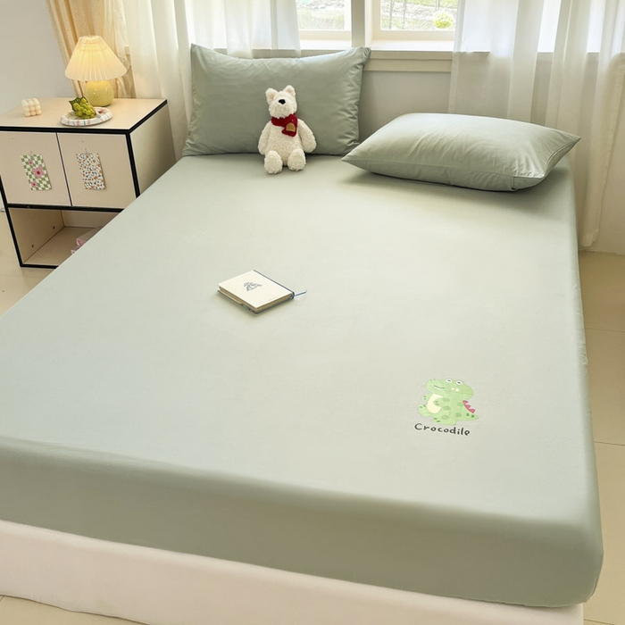 91家纺网 家纺一手货源 找家纺 泽西2025新品全棉卡通床笠 开心鳄-豆绿