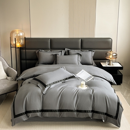 91家纺网 家纺一手货源 找家纺 麒东家纺 2025年立体宽边工艺款纯色四件套 深空灰