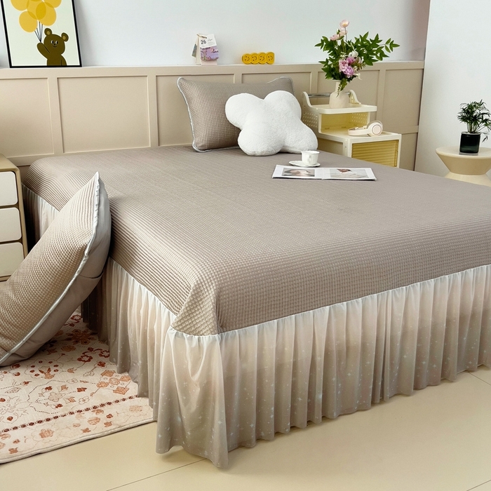 91家纺网 家纺一手货源 找家纺 情煊 2025新款a类凉感冰豆豆床裙 华夫格香槟