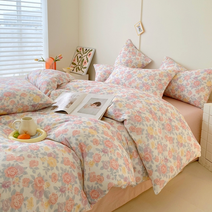 91家纺网 家纺一手货源 找家纺 于果 2025新款全棉双层纱四件套第四批 春色