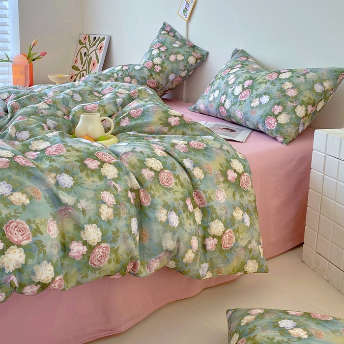 91家纺网 家纺一手货源 找家纺 于果 2025新款全棉双层纱四件套第四批 仙境绿