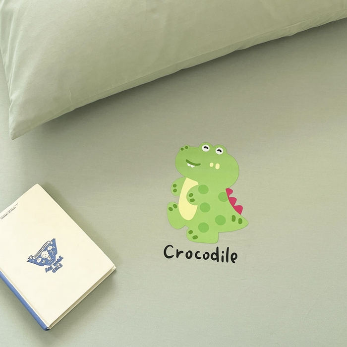 91家纺网 家纺一手货源 找家纺 泽西2025新品全棉卡通床笠 开心鳄-豆绿