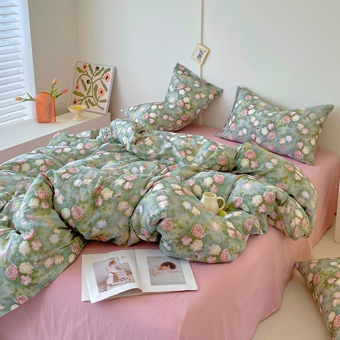 91家纺网 家纺一手货源 找家纺 于果 2025新款全棉双层纱四件套第四批 仙境绿