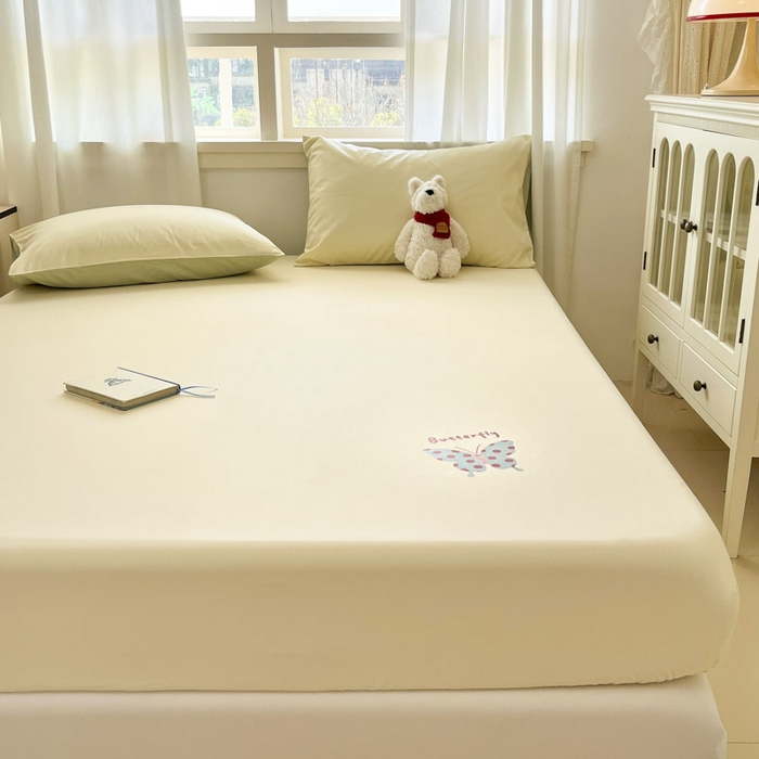 91家纺网 家纺一手货源 找家纺 泽西2025新品全棉卡通床笠 快乐蝶-奶油黄