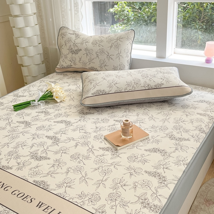 91家纺网 家纺一手货源 找家纺 星座家纺 2025新款斜纹提花凉感丝凉席床笠款三件套 床笠-午后茶花