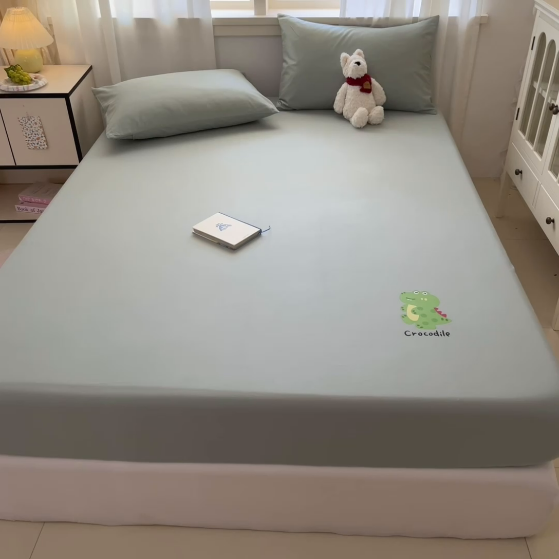 91家纺网 家纺一手货源 找家纺 泽西2025新品全棉卡通床笠 开心鳄-豆绿