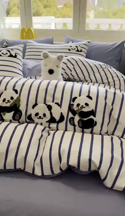 91家纺网 家纺一手货源 找家纺 启程2025全棉13372毛巾绣四件套 熊猫panda