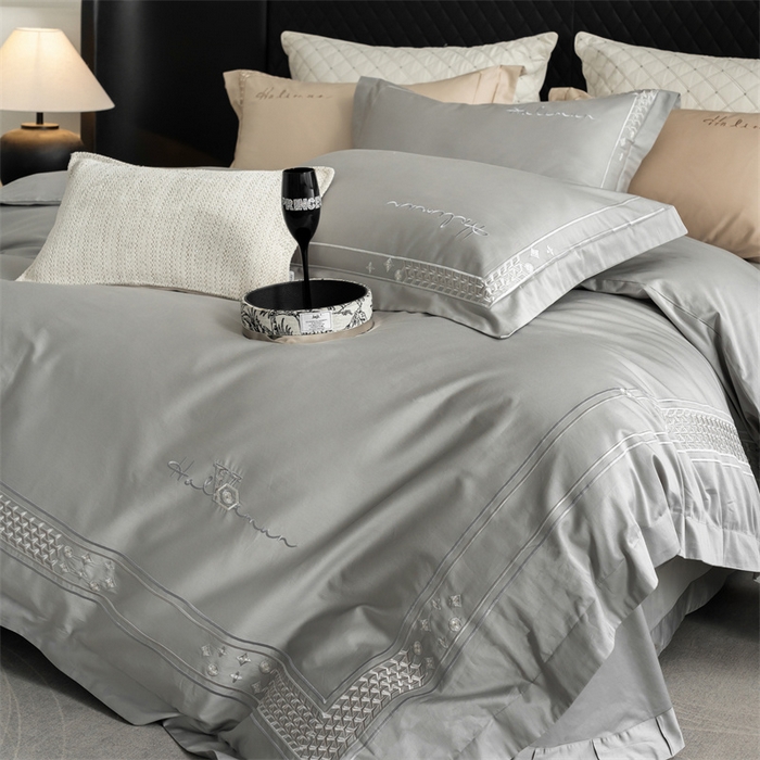 91家纺网 家纺一手货源 找家纺 保罗圣迪奥 2025新款全棉长绒棉刺绣四件套-星光 星光-灰